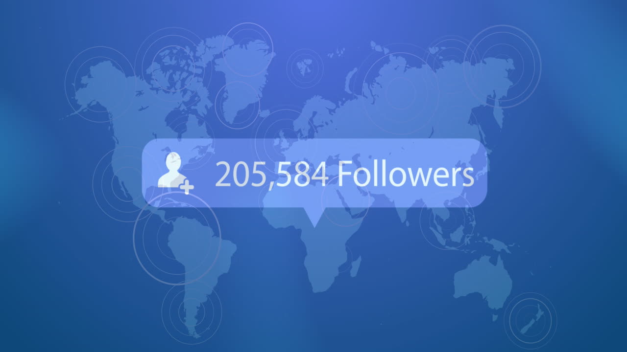 animación del icono de las redes sociales y el texto sobre el mapa del mundo