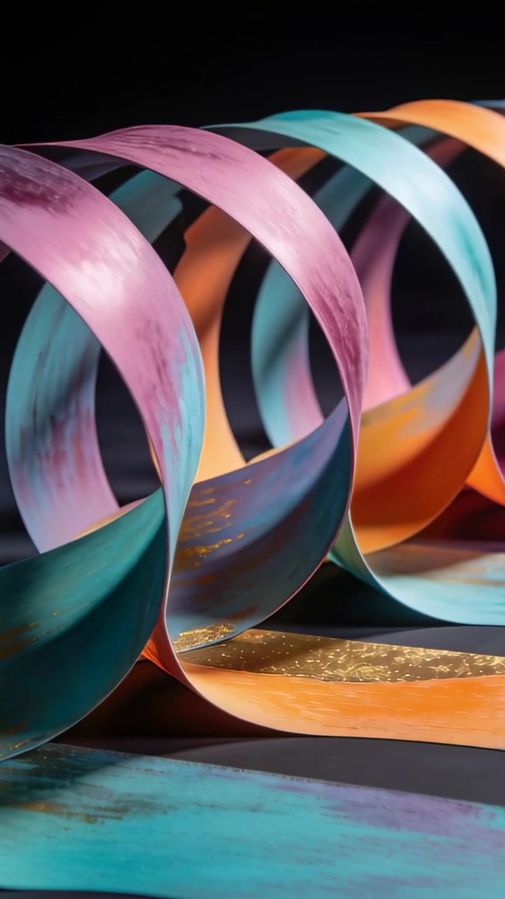 Vertical video: Shifting camera revealing painted spiral loops on tabletop to expose gold flecks