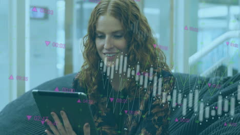 analyzing financial data animation over woman using tablet in office