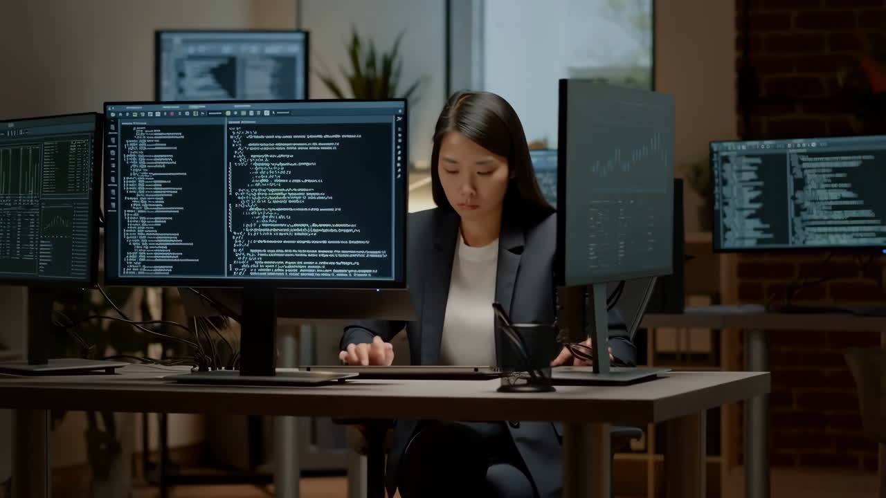 Woman Programmer Working on Multiple Screens with Code and Data