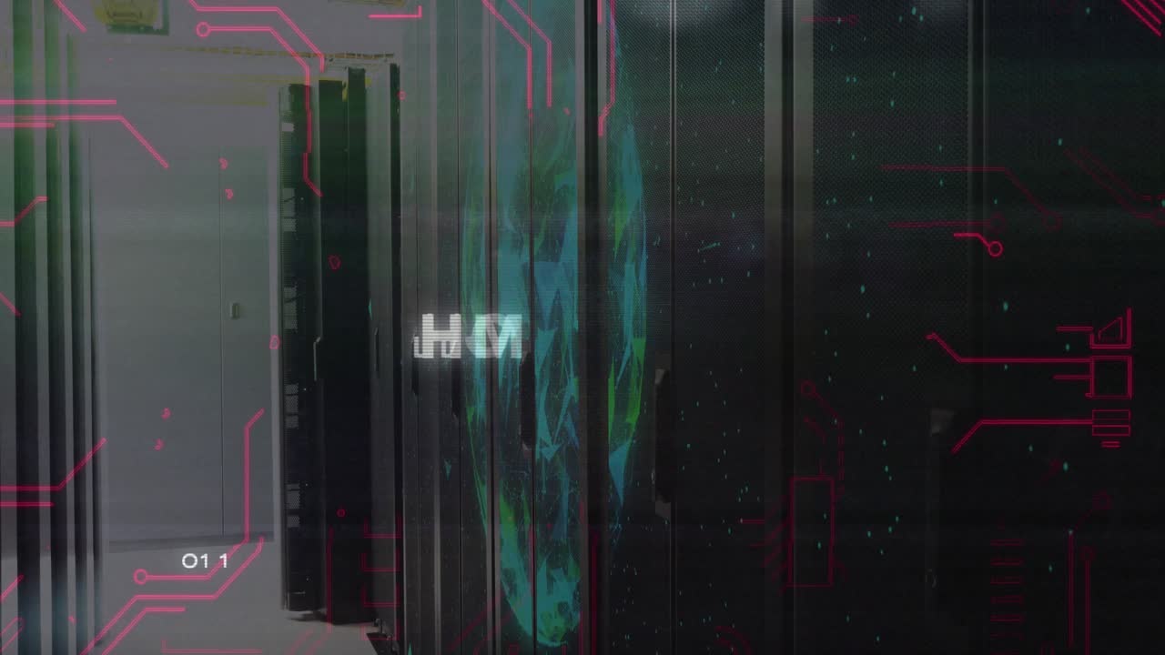 Faint blue-green swirl starting glitching across server racks, adding circuits, forming hacked text