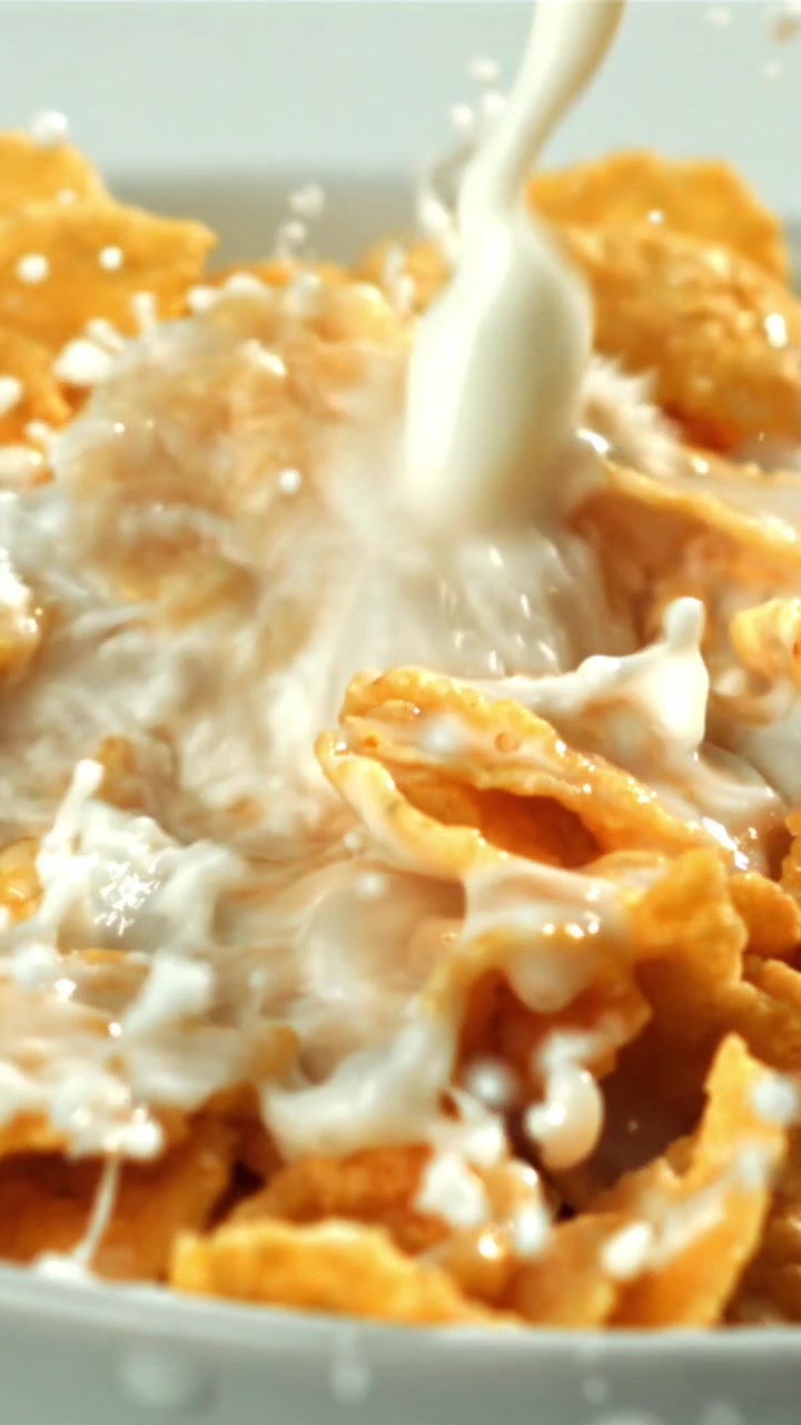 Slowmotion af mælk, der hældes over gyldne cornflakes