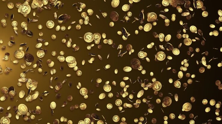 4k 3d virtual gold bitcoins symbol crypto digital currency falling green screen loop animation