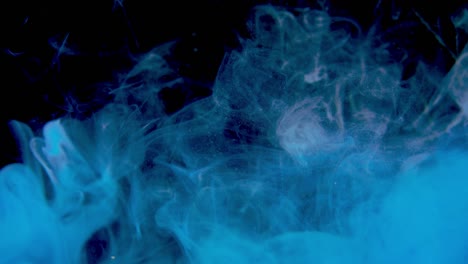 blue and red paint in water. ink swirling underwater. cloud of ink collision isolated on black background. close up view.