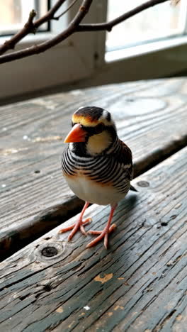 Close-up of a Striped Finch on a Wooden Surface