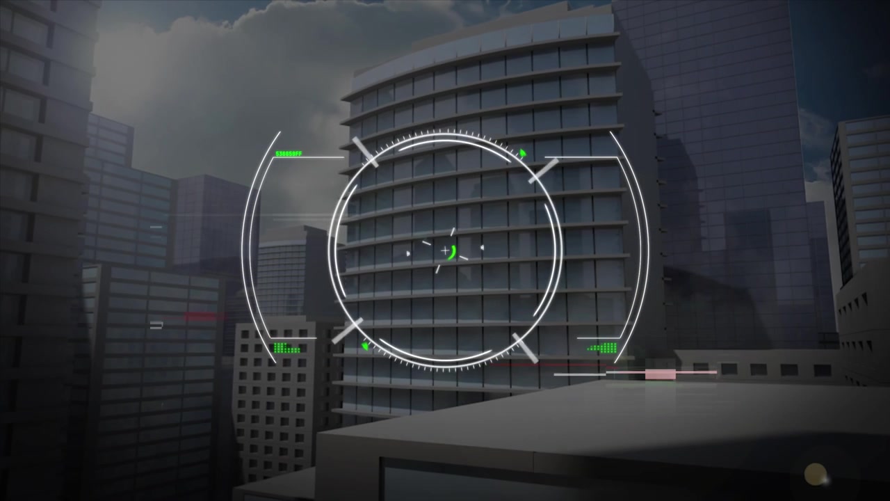 Overlay di puntamento HUD digitale su skyline di città moderna