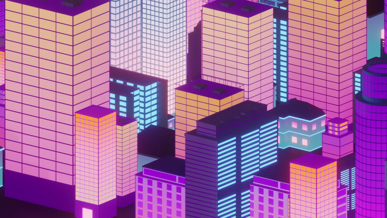 Downtown city, neon glowing building, 3d rendering.