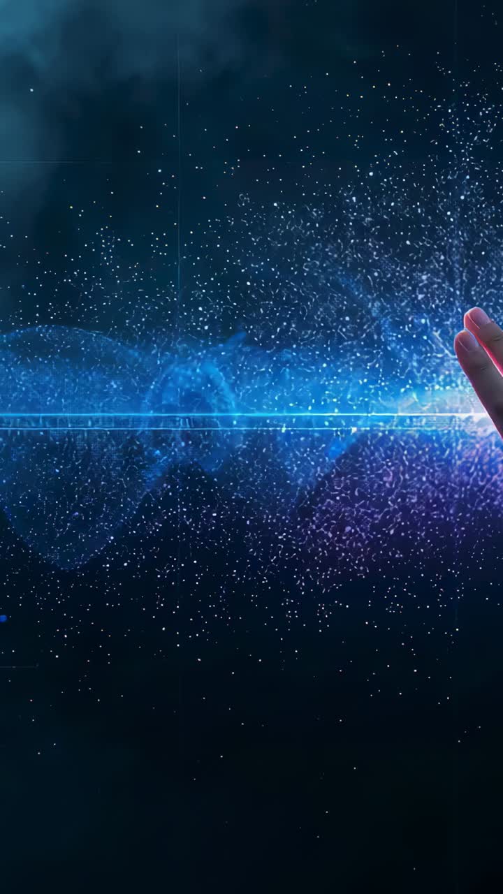 Vertical video: Entering right hand reaching glowing point in stars, light band pulsing, copy space
