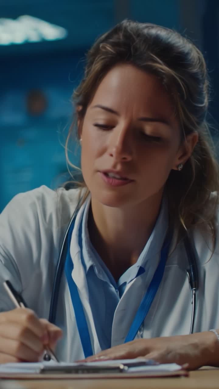 Un professionista sanitario dedicato impegnato nella cura e documentazione del paziente, che riflette impegno in un ambiente medico moderno.