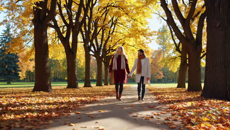 una pareja caminando de la mano en el parque de otoño.