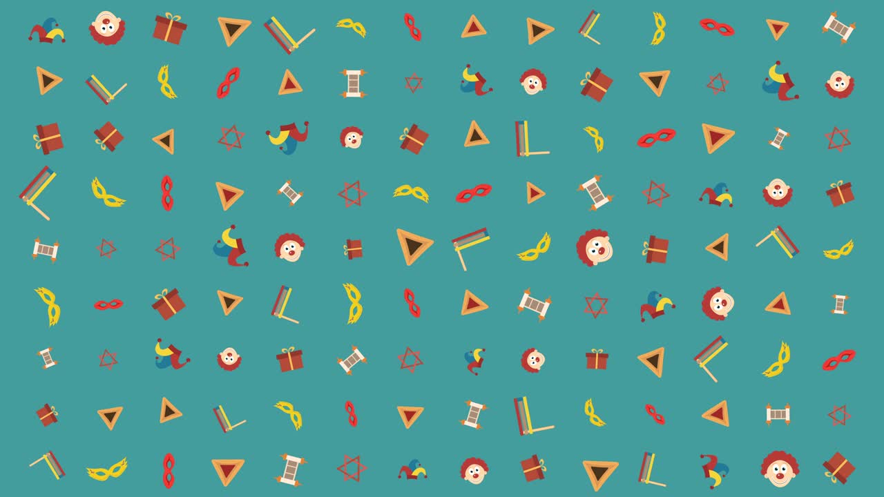 fondo de animación de diseño plano de vacaciones de purim con símbolos tradicionales