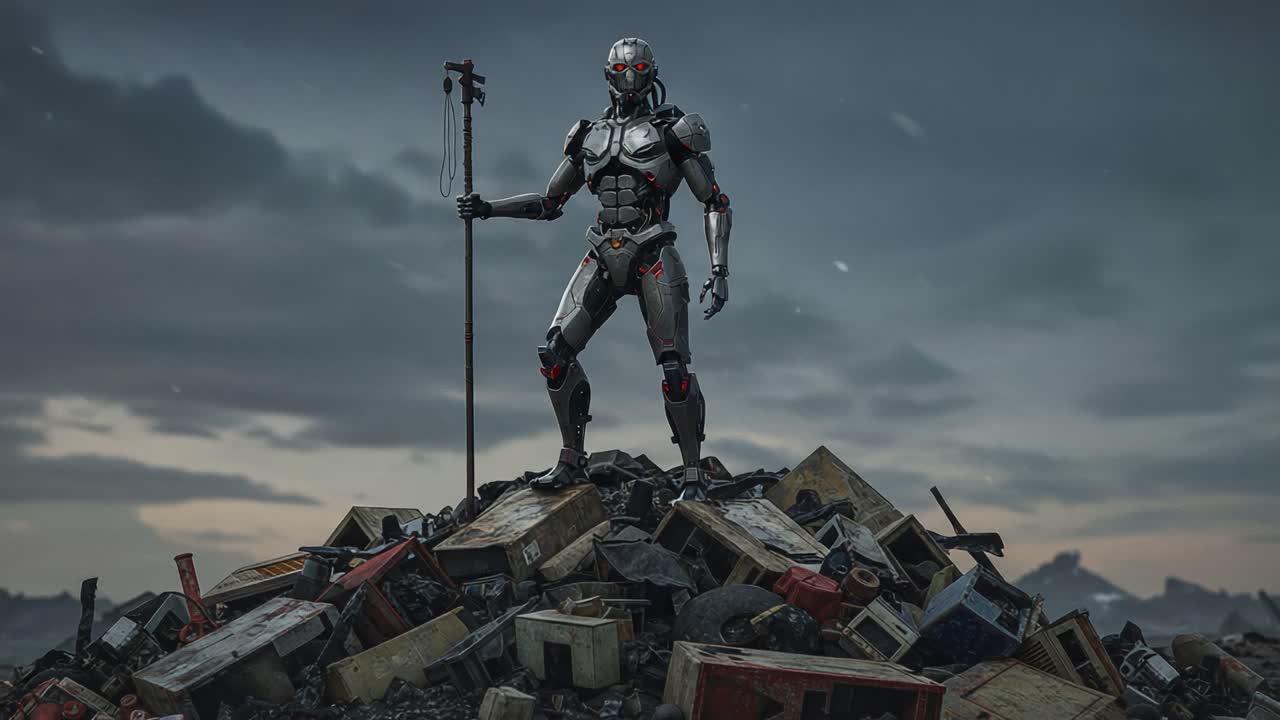 A Futuristic Robot Standing Dominantly on a Mountain of Debris, Highlighting the Contrast Between Advanced Technology and Environmental Decay in a Dystopian Landscape