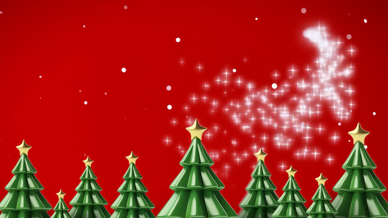 Festive video background with low-angle view of stylized Christmas trees against a red backdrop