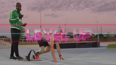 Animation-of-level-up-text-with-biracial-athlete-with-prosthetic-leg-running