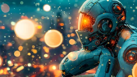 un robot sentado en la parte superior de un edificio bajo la lluvia