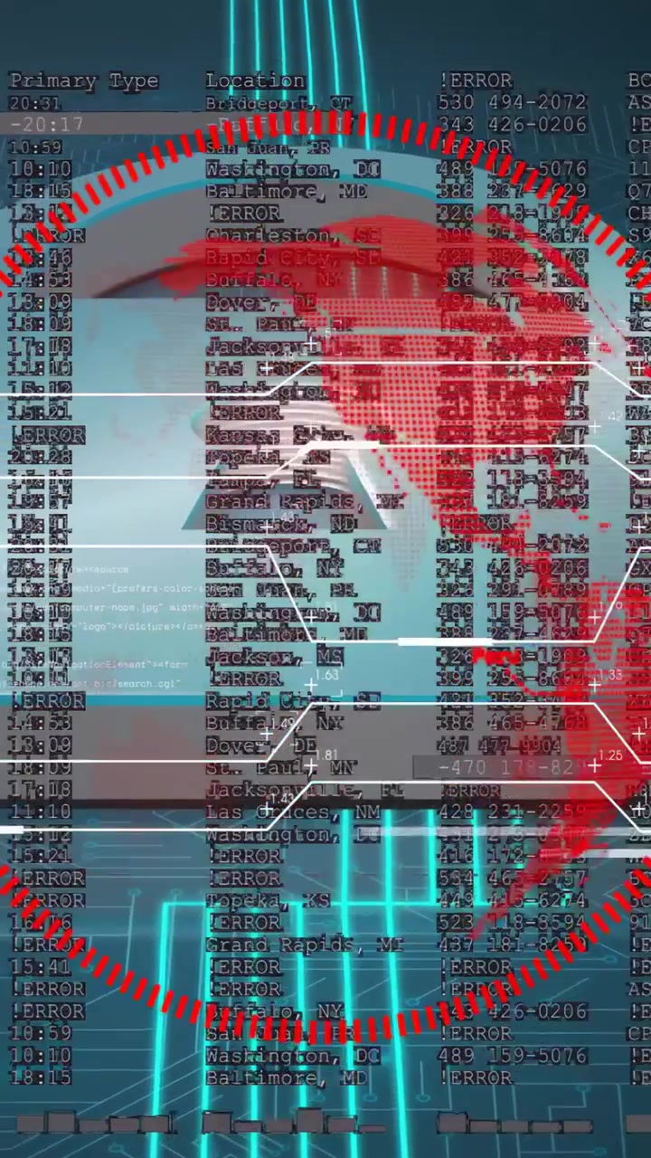 Keyhole globe in cybersecurity UI reacting to red blotch appearing over South America, expanding