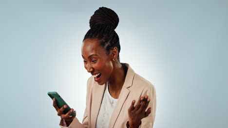 Business-woman,-studio-and-phone-with-celebration