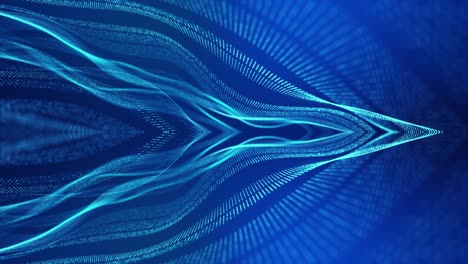 fondo de ciencia ficción con ondas de partículas. bucle de 4k fondo azul abstracto de partículas de brillo forman líneas curvas, superficies estructuras de espejo simétricas. fondo de holograma digital con partículas