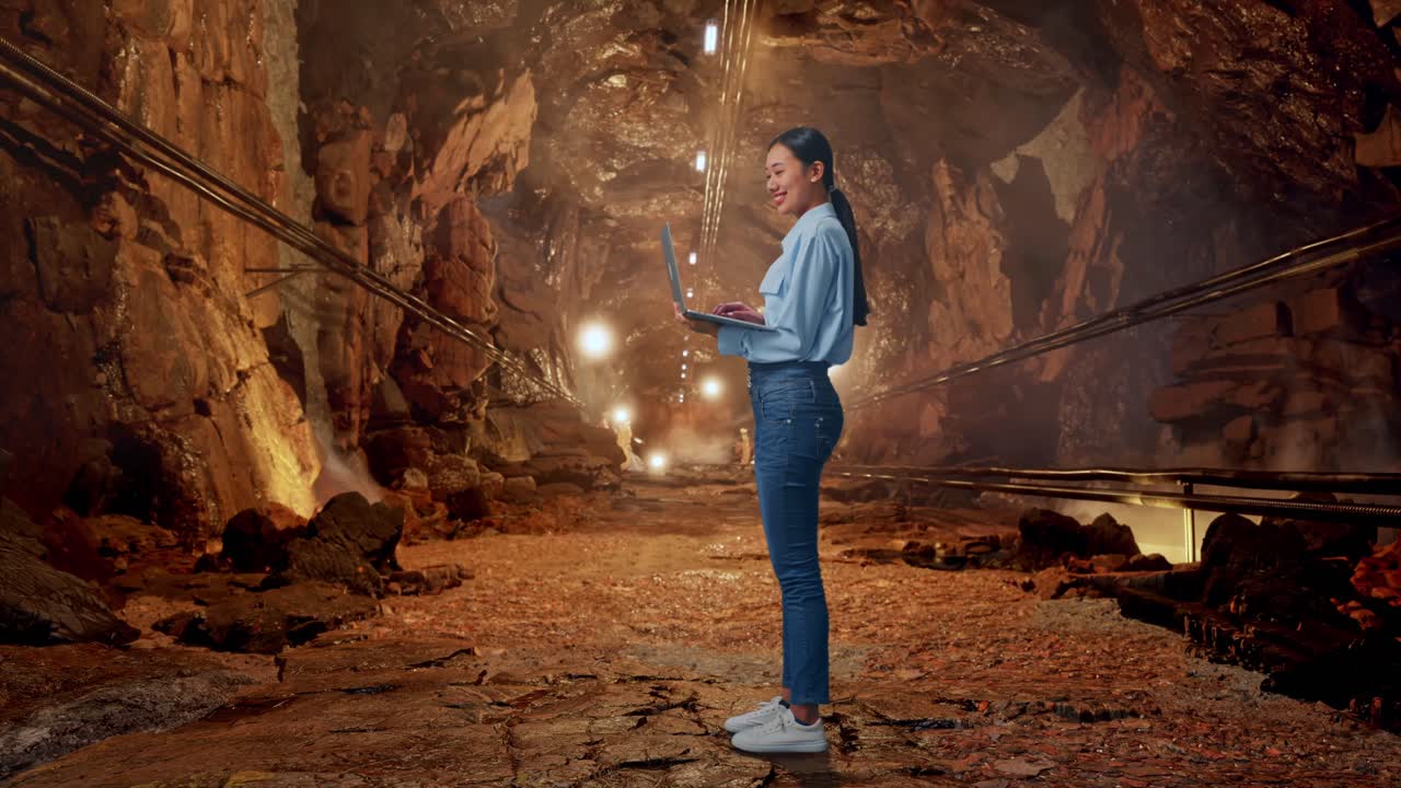 Full Body Side View Of Asian Female With Her Laptop In Underground Mine Tunnel, Typing On Her Laptop'S Keybaord With Meditation