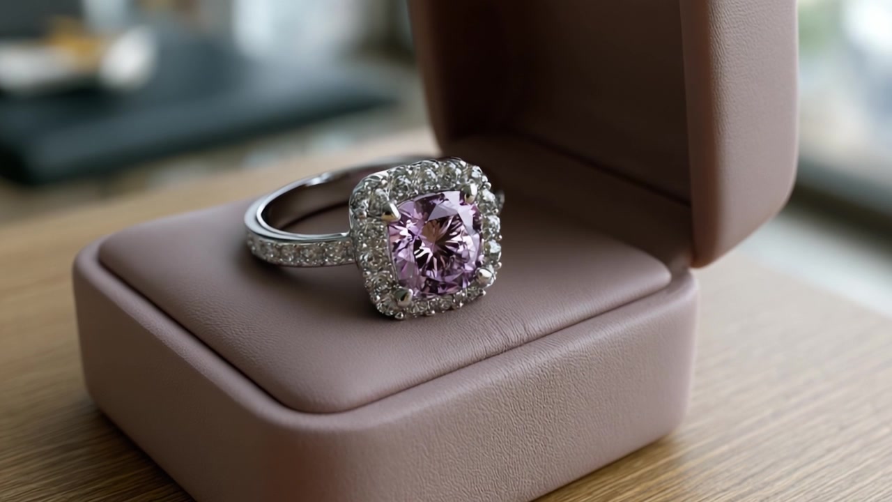 Uno splendido primo piano di un elegante anello con gemma rosa incastonato in una fascia d'argento, che mostra diamanti brillanti in un lussuoso portagioie.