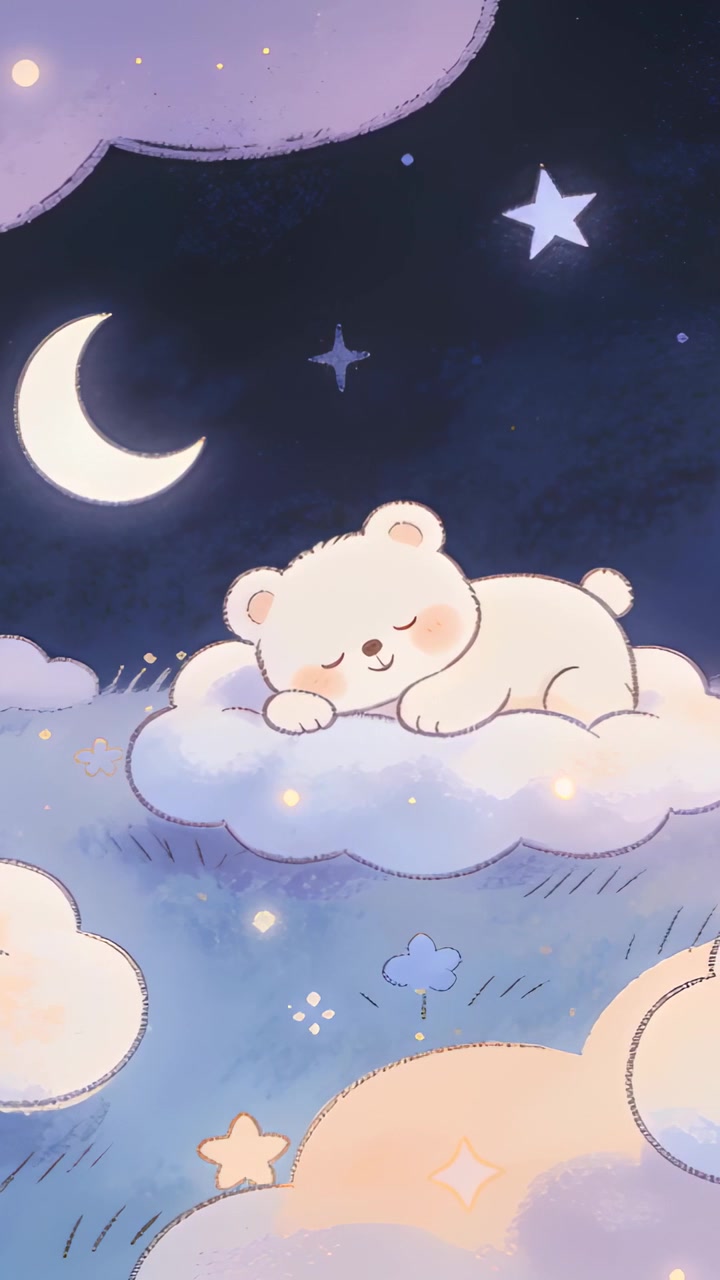 Vertical video: Starting animation, cream teddy sleeping and settling on cloud under crescent moon