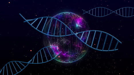 dna strands and digital globe, scientific data processing animation