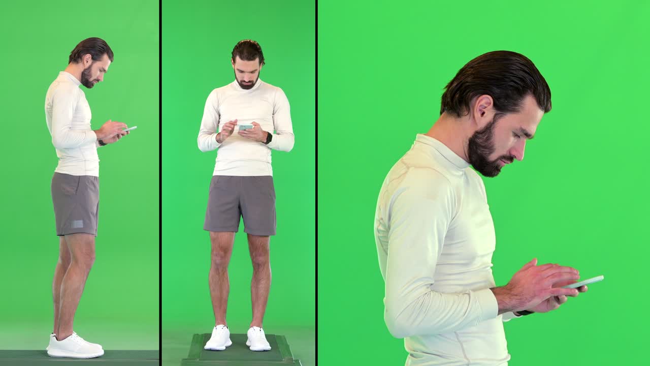 잘생긴 남성 달리기 선수가 녹색 화면에서 드폰을 사용합니다.