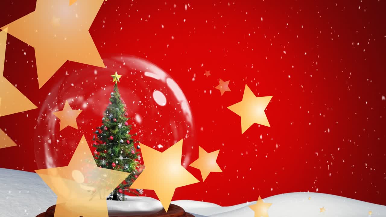 Animation of falling golden stars and christmas sowing ball over red background
