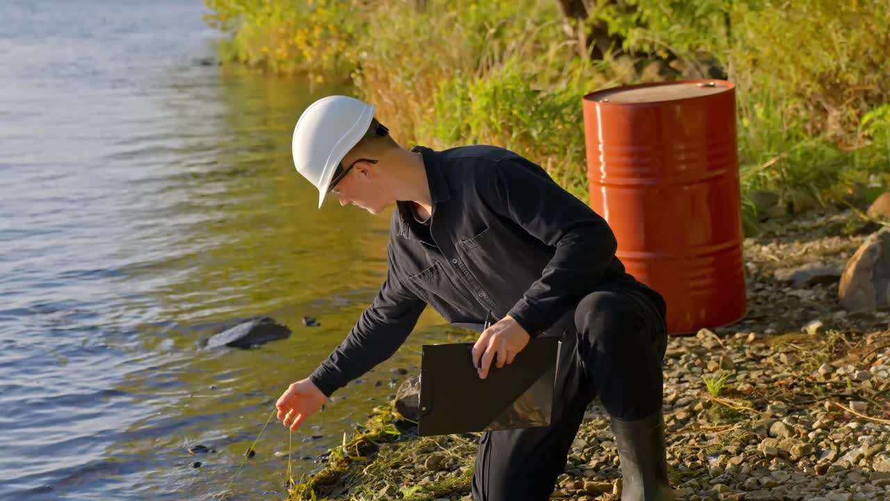 Engineer crouching by river examining water quality as camera pulls back