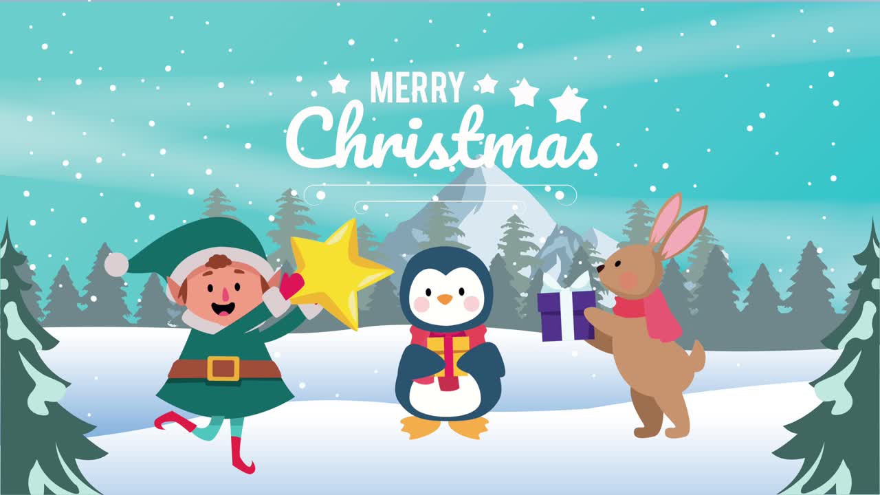 feliz tarjeta de navidad con elfo y pingüino