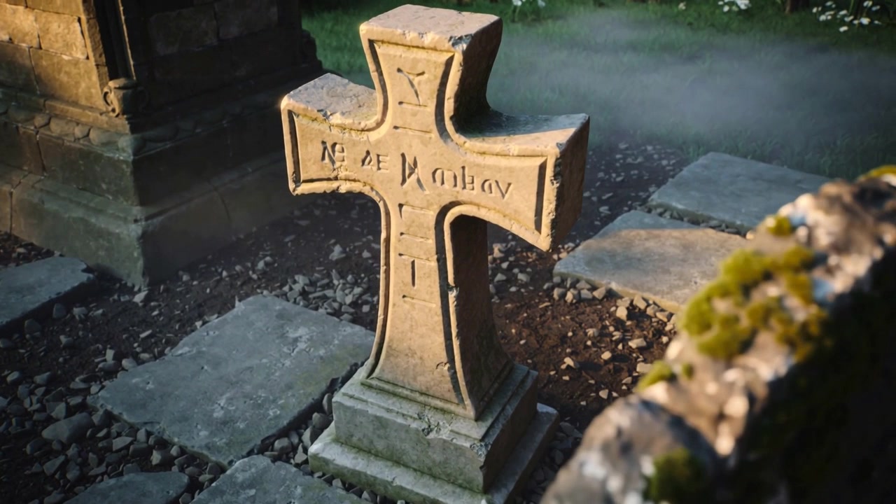 Telecamera che si allontana rivelando una croce di pietra in un cimitero, centrando la croce e mostrando una roccia muschiosa