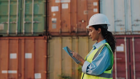 female engineer checking cargo container details