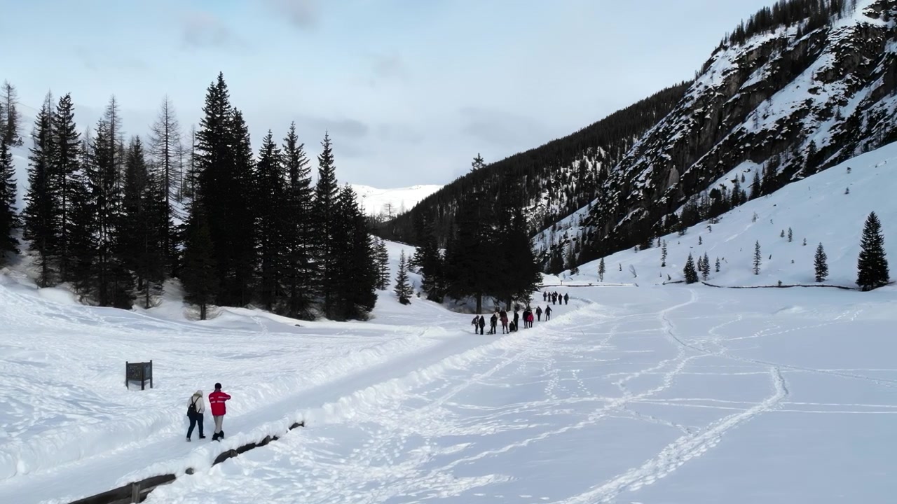 Panorama aereo di un dirupo ghiacciato con cime pesantemente innevate e sporgenze rocciose sparse, e una fitta foresta brinata