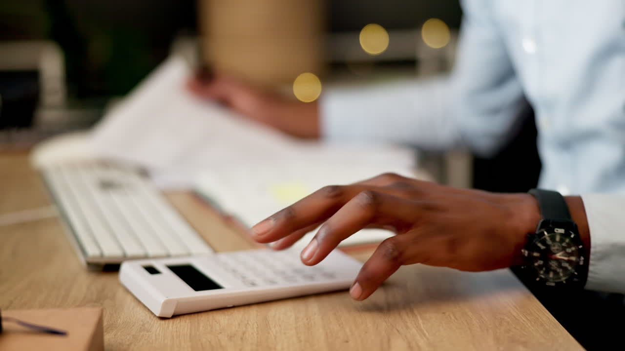 Businessman, hands and calculator at night