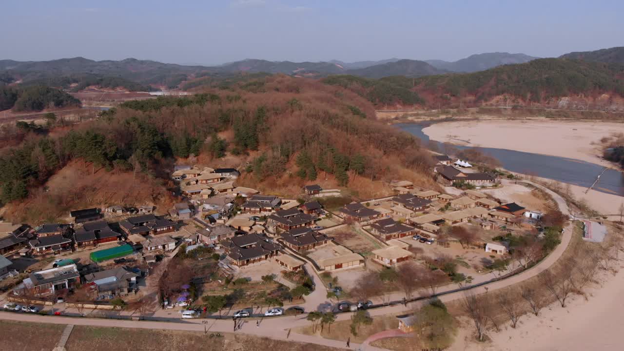 High altitude fly away from traditional Korean village