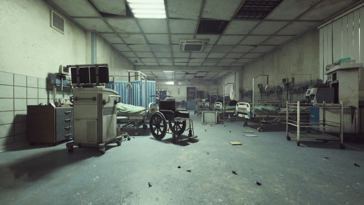 Abandoned hospital ward with empty beds and scattered medical equipment