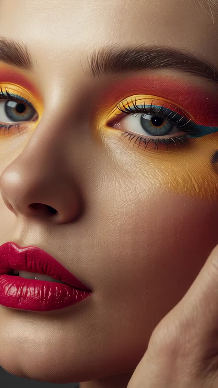Vertical video: Entering makeup artist brushing yellow shadow on her eye on set, adding color