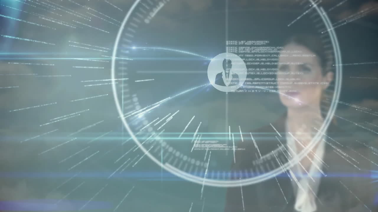 Animation of digital interface with user icons over businesswoman working in office