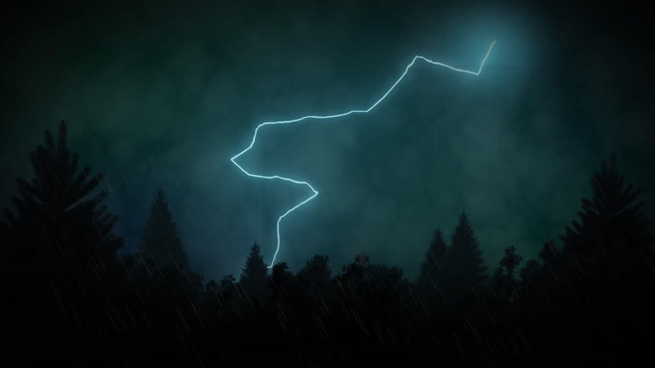 Animation of lightning striking over trees and stormy clouded sky