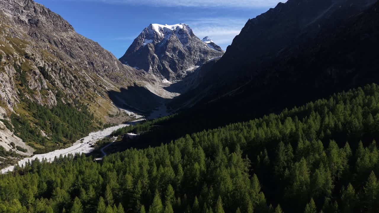 İsviçre Alpleri'nde güneşli bir yaz gününde, İsviçre'nin Arolla alp köyü yakınlarındaki orman üzerinde havadan uçuş, arka planda Mont Collon manzarasıyla.