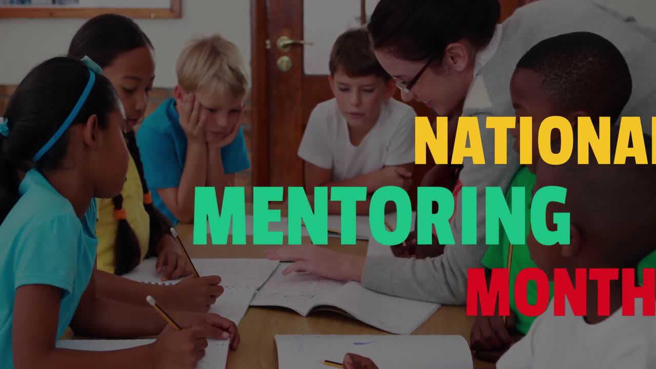 Animation of national mentoring month day text over diverse schoolchildren and teacher in classroom