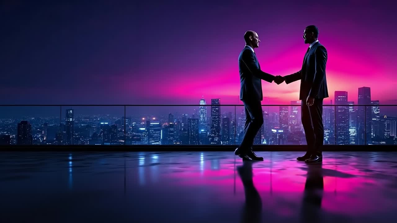 Two men standing on top of a building looking at a city at night