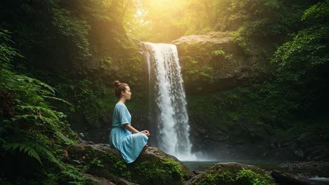 a serene moment of meditation by a tranquil waterfall surrounded by lush greenery, amplifying inner peace and connection with nature in the golden glow of sunset