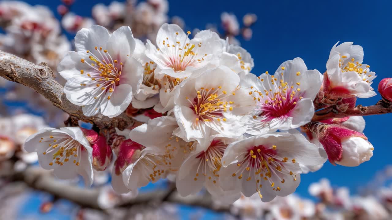 Primo piano di delicati fiori di ciliegio in piena fioritura contro un cielo azzurro limpido, che ne mette in mostra i bellissimi petali e i colori vivaci.