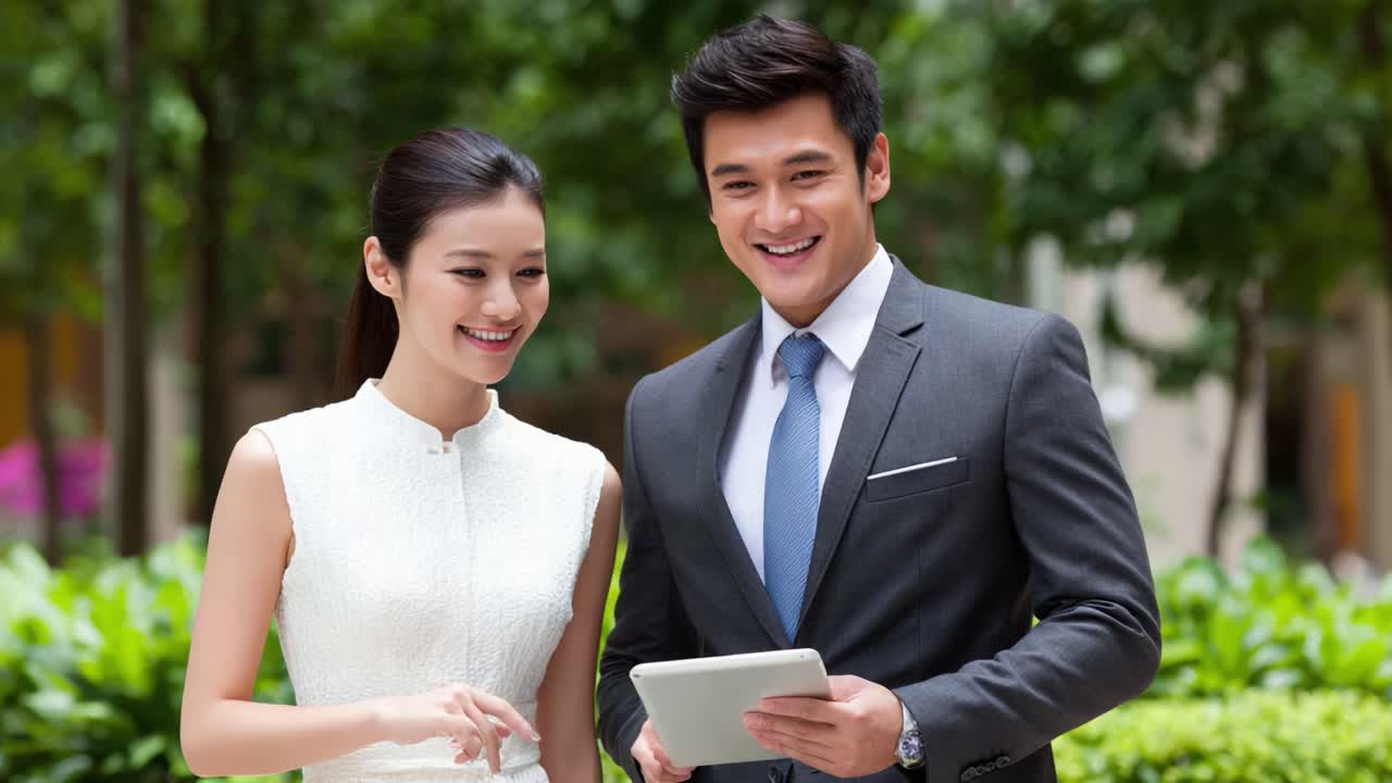 A Professional Couple Engaging in Business Discussion Outdoors, Sharing Ideas and Insights while Using a Tablet in a Lush Green Environment