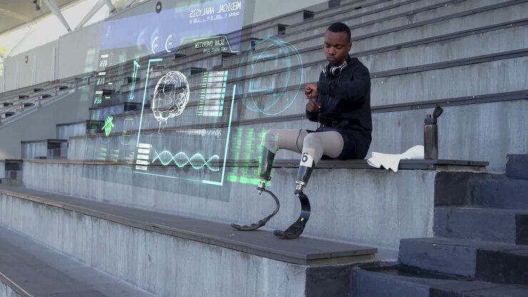 Animation of mixed race male disabled athlete with prosthetic legs sitting and checking his smart wa