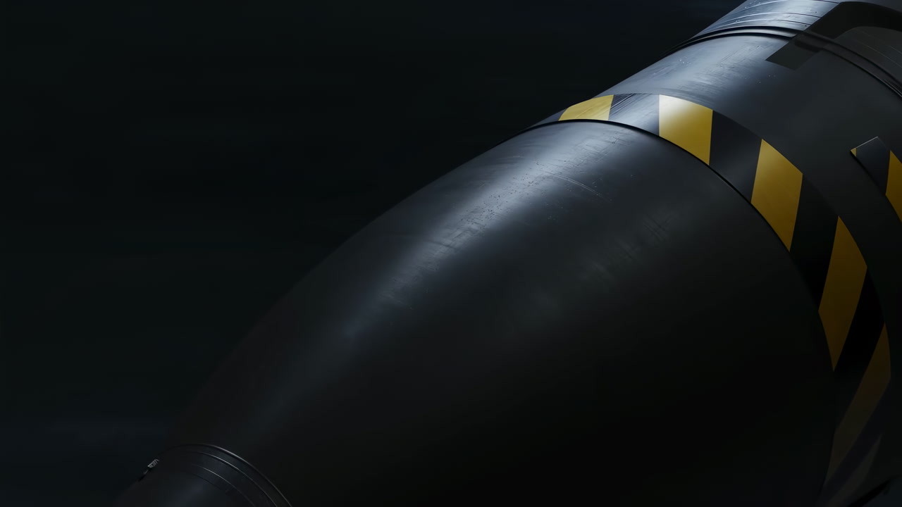 Dark Military Warhead Close Up, Highcontrast Light Sculpts Matte Steel Body And Yellow Hazard Stripes,
