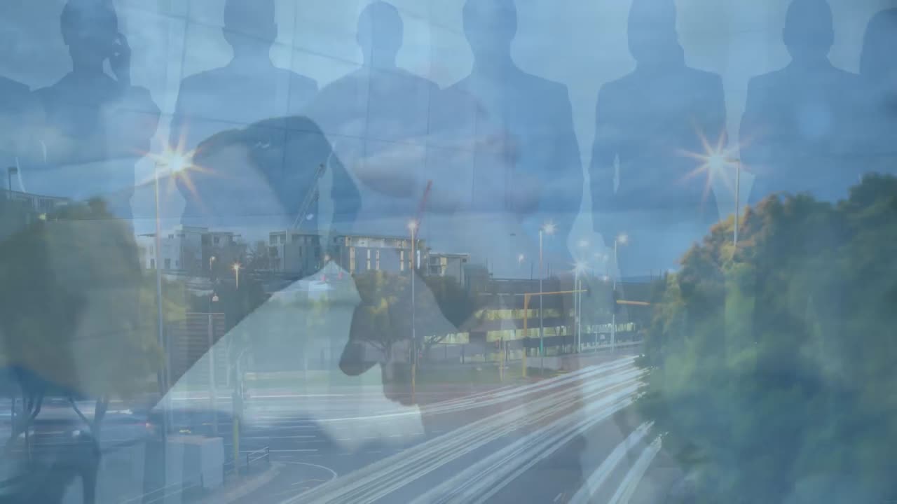 한 무리의 사람들 위에 도시 풍경의 애니메이션