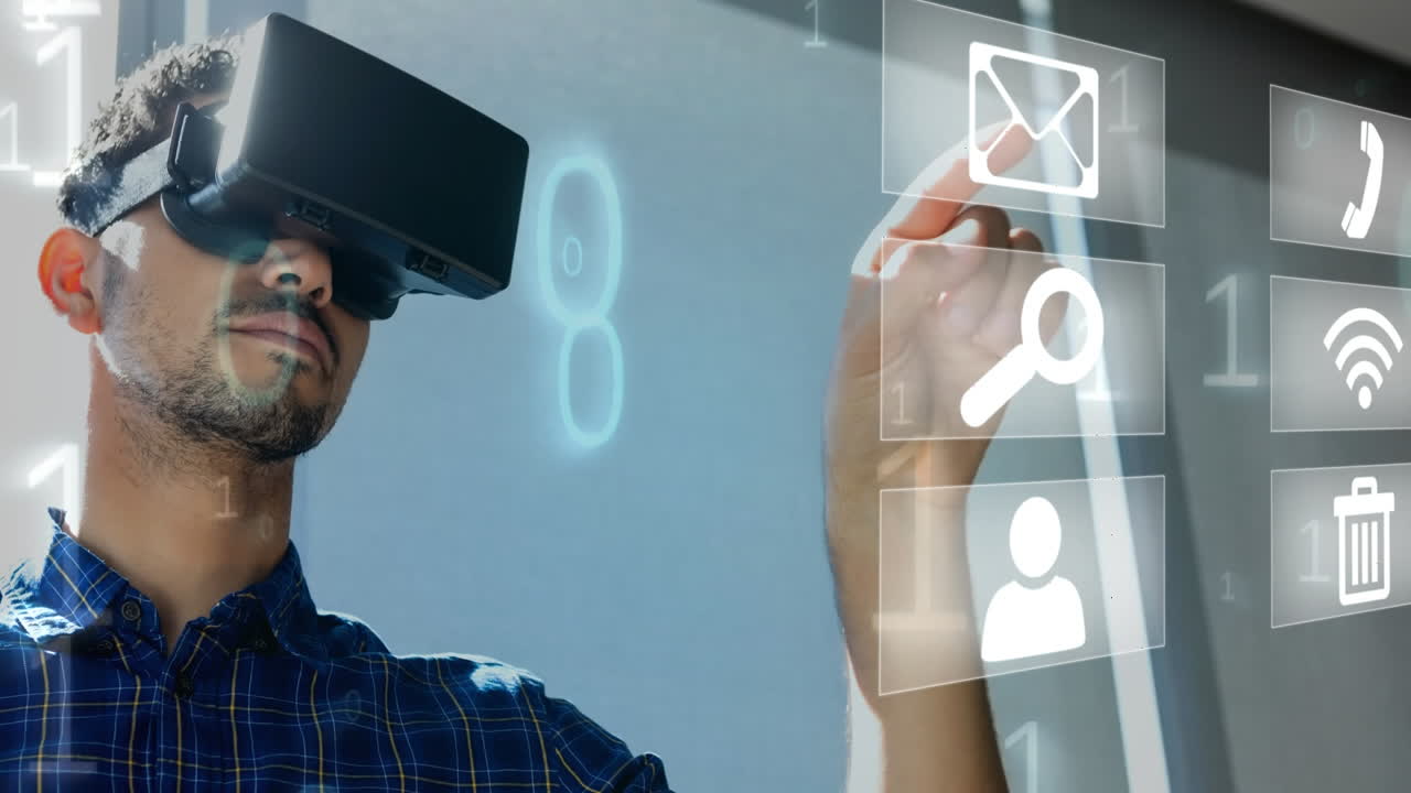 Using virtual reality headset, man interacting with digital interface icons over binary code