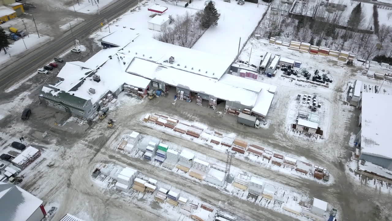 Aerial View Of Woodyard Building In Winter Near Quebec City, Canada.